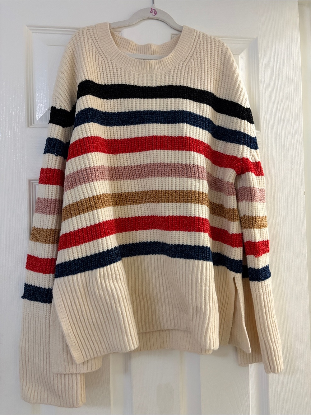 GAP Cream Crewneck Sweater with Red, Navy & Black Stripes